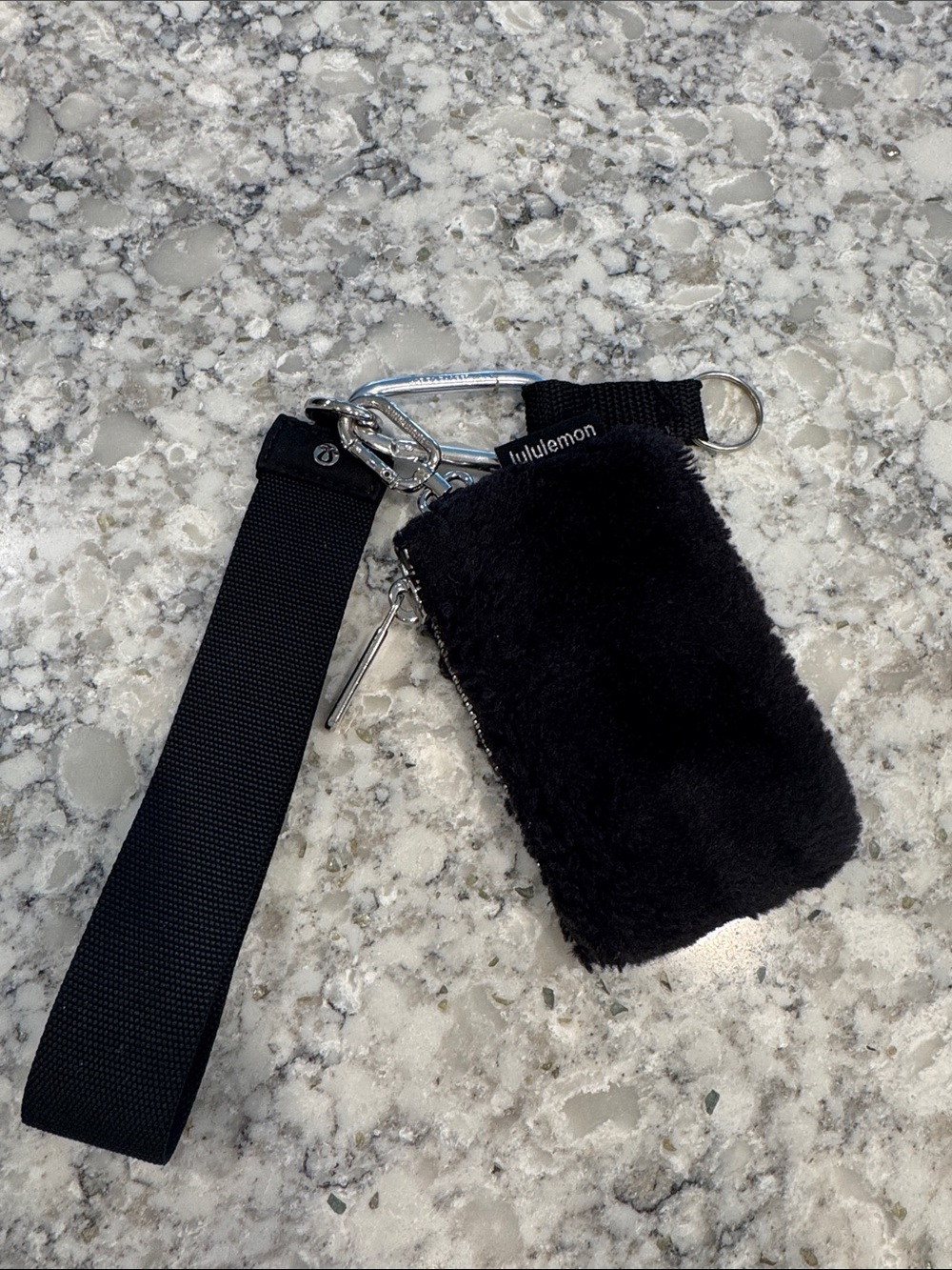 lululemon black fuzzy key & card holder with wrist strap